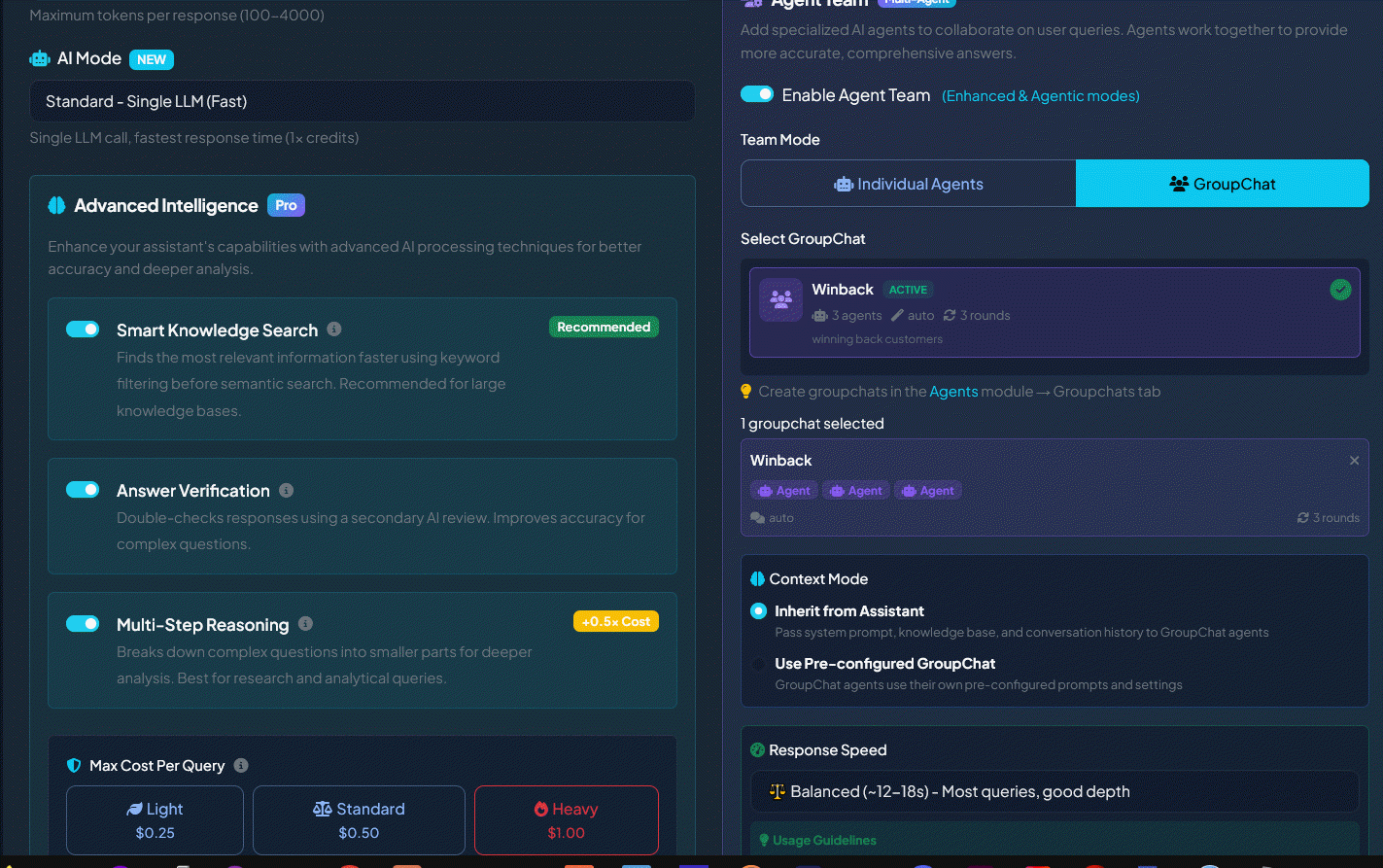 Advanced Intelligence features: adaptive retrieval, answer verification, multi-step reasoning, and agent teams