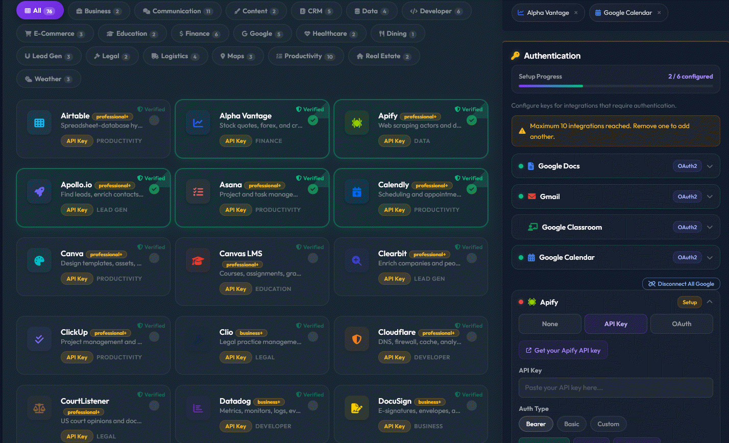 API Marketplace with 100+ integrations across 19 categories including CRM, finance, developer, and communication