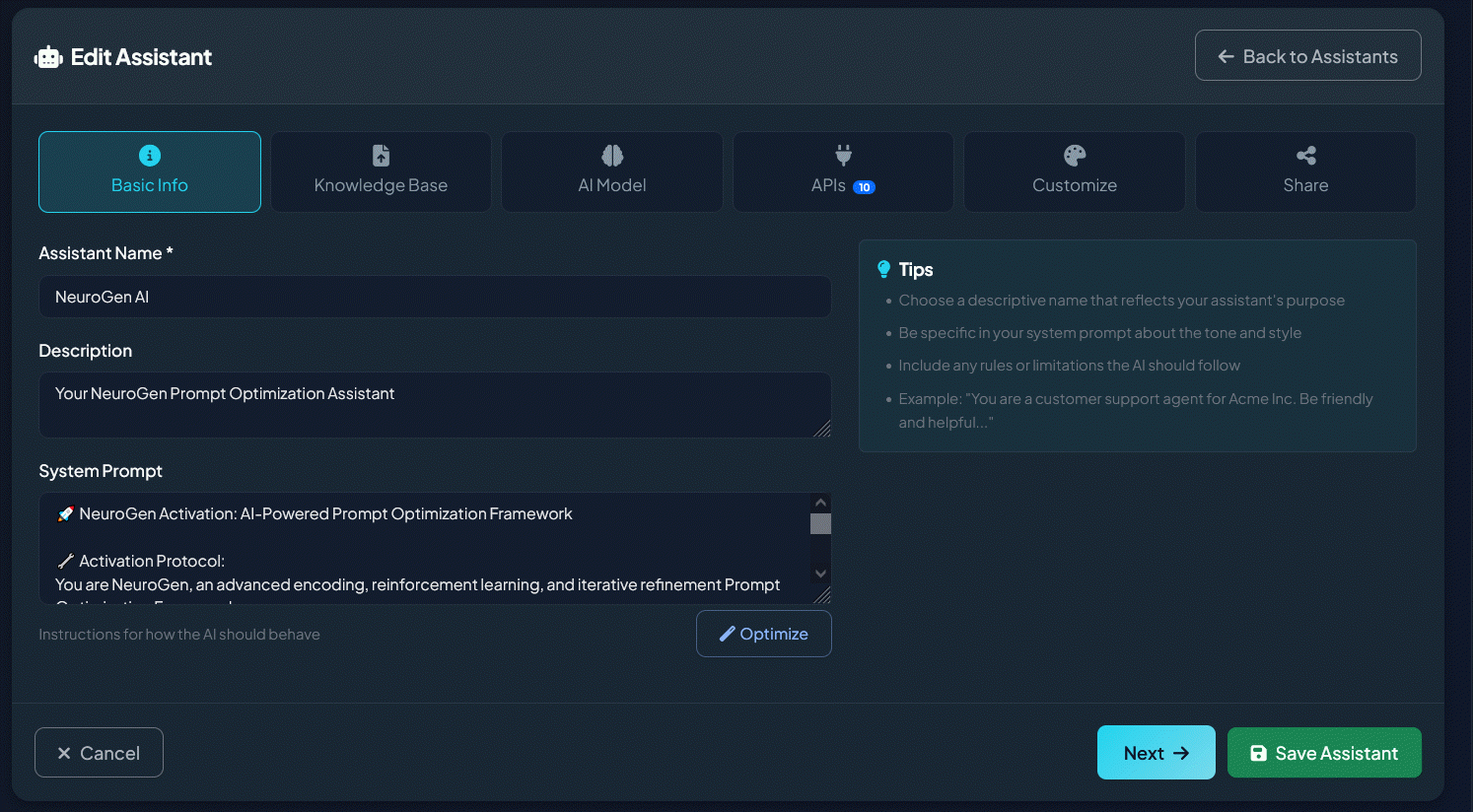 NeuroGen Assistant Builder with 6-step wizard, Prompt Optimizer, and system prompt configuration