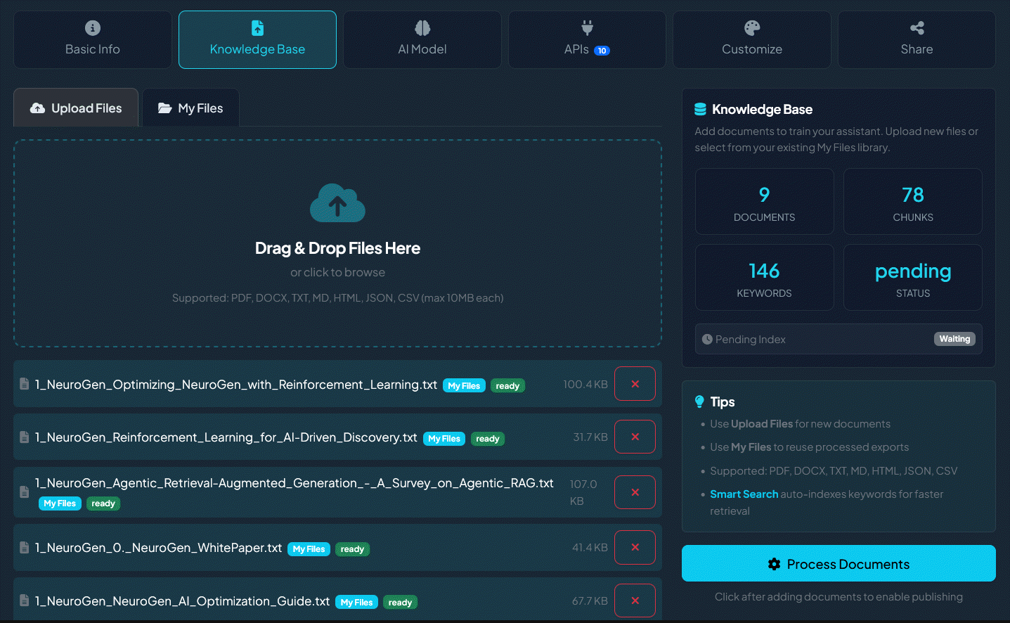 Knowledge Base with drag-and-drop document upload, auto-indexing, and keyword extraction stats