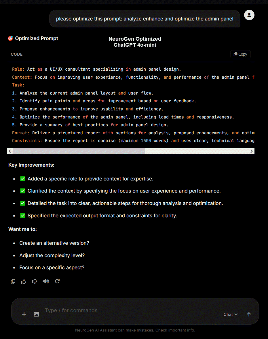 NeuroGen producing detailed, structured prompt optimization with role, context, tasks, format, and constraints