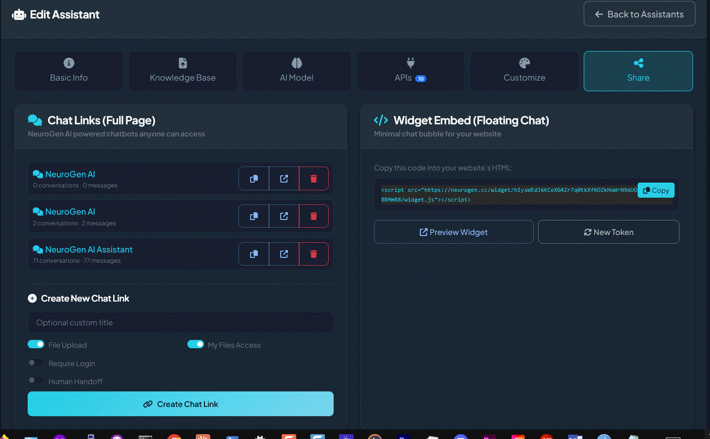 Share tab showing chat links, widget embed code with one-click copy, and deployment options