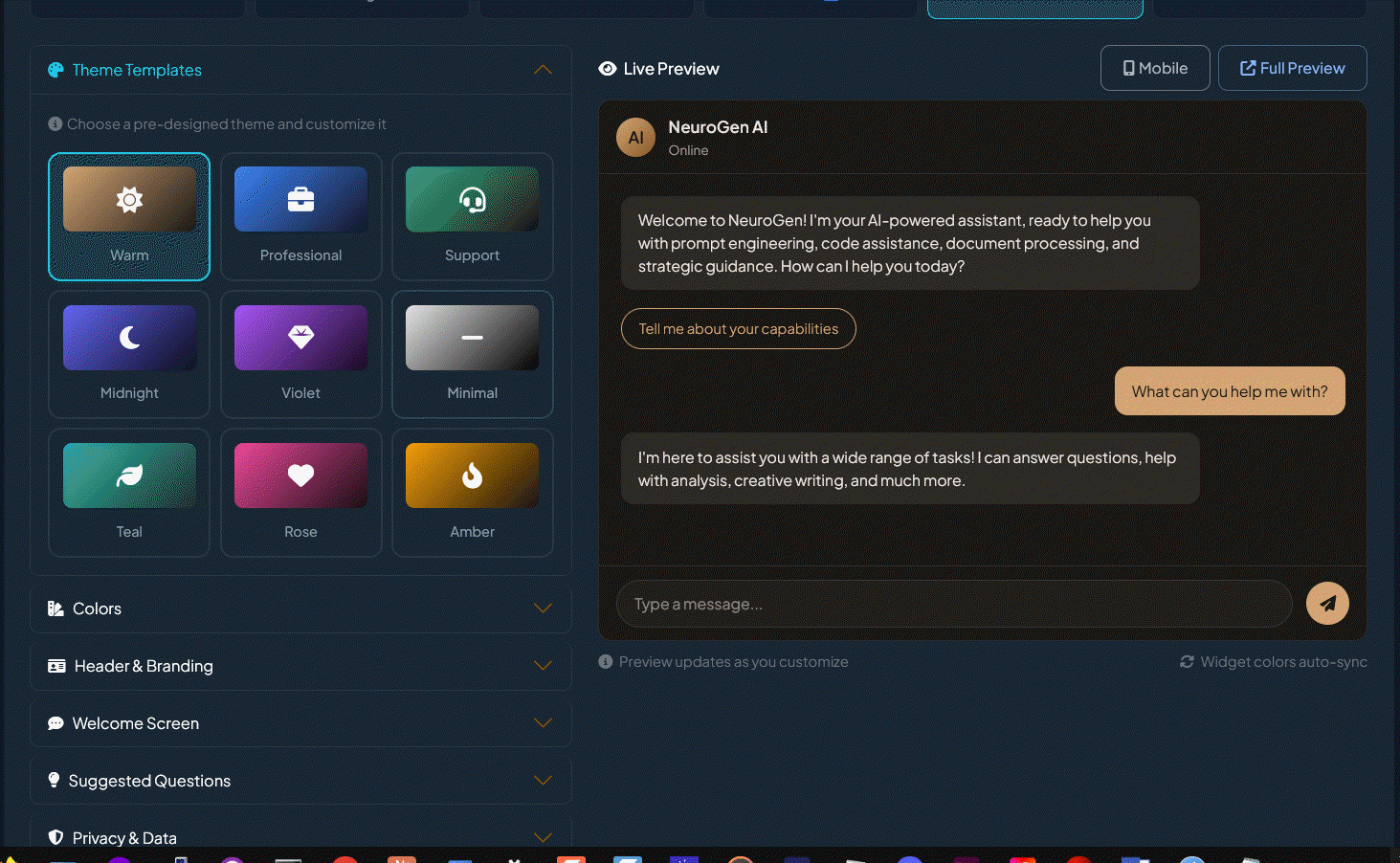 Theme customization with 9 pre-built themes and live chat widget preview
